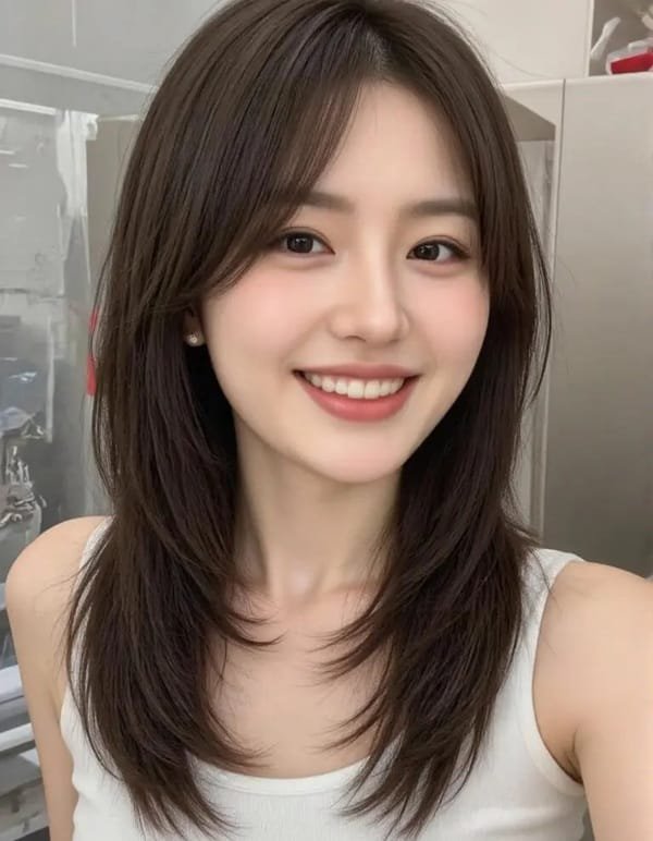 tóc layer nữ mặt tròn ngang vai