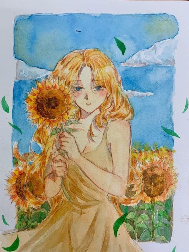 tranh vẽ cô gái và hoa 14