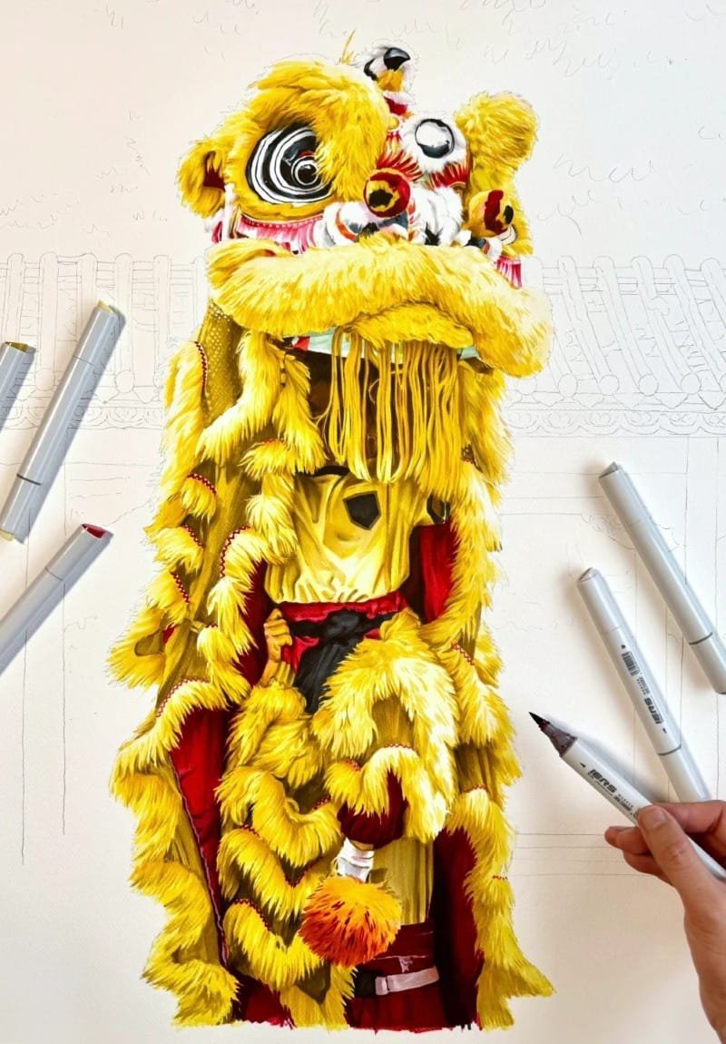 vẽ tranh đề tài lễ hội múa lân