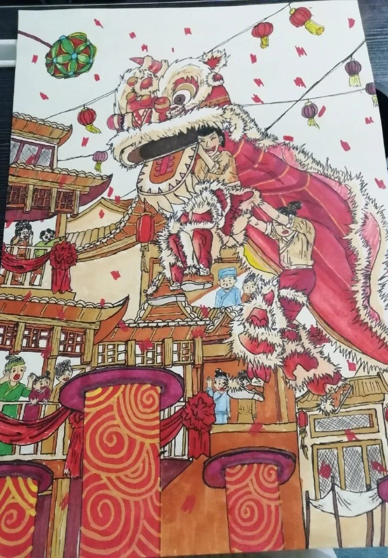 vẽ tranh múa lân ngày tết 14