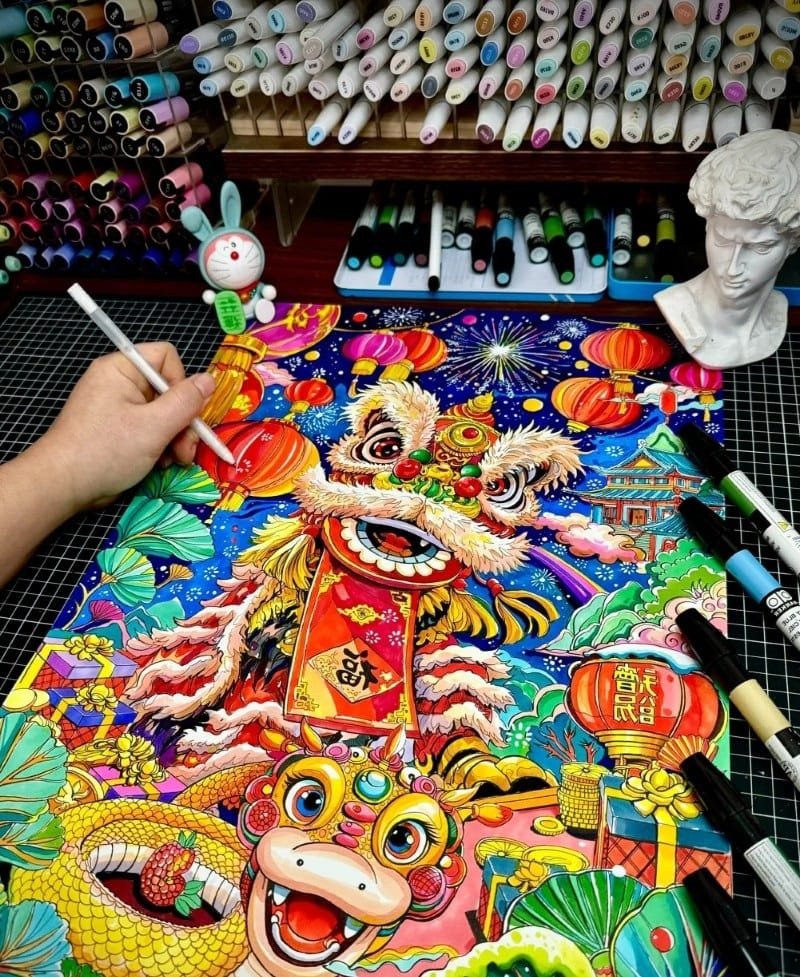 vẽ tranh múa lân ngày tết 20